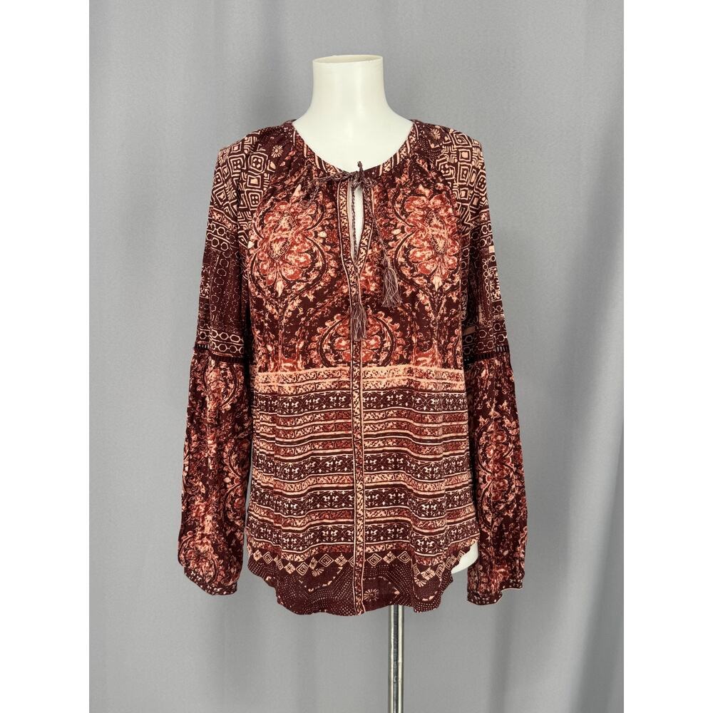 Lucky Brand Tunic Blouse Womens M Red Paisley Long Sleeve Tassel Boho Knit Top